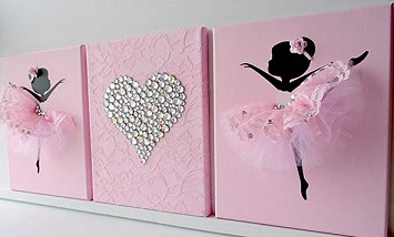 Ballerinas and Heart nursery wall art in pink and white. Ballet Art Girls room decor