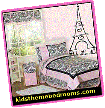 damask floral print with a palette of black and white accented in soft pink  paris bedroom decor 