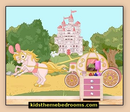 Princess Castle & Carriage Pink Horses Fairytale Wall Mural Kids Photo Wallpaper