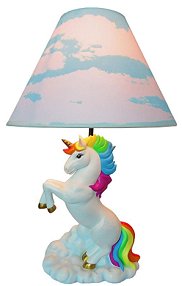 Unicorn Magical Golden-Horned Rainbow Fantasy Themed Table and Desk Lamp with Puffy Cloud Blue Sky Shade