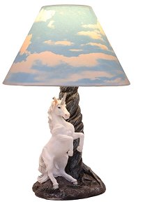  White Unicorn Sculptural Desktop Table Lamp with Cloudy Sky Printed Shade