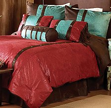 rustic western 7 piece faux tooled leather comforter set is a beautiful red color and accented with silver-toned star conchos and grommets. A perfect addition to a western themed room   cowgirl bedroom decor