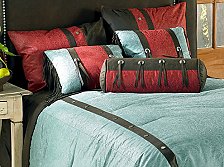 rustic western 5 piece faux tooled leather comforter set is a beautiful turquoise color and accented with silver-toned star conchos and grommets. A perfect addition to a western themed room   cowgirl bedroom decor