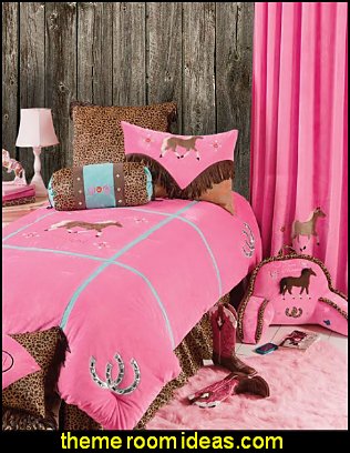 Cowgirl Leopard Bedding - colorful girls bedding collection for the girl that loves horses but with a wild side, in shades of pink and leopard spots print, the Carstens Cowgirl Leopard Bedding ensemble with transform any girls bedroom in to wild west and safari inspired horse lovers retreat. This adorable bed set brings playful, Western-inspired style to your childs bedroom, with images of horses under the sun, lassos all accented with leopard print. Express your child's western side with the Cowgirl Leopard Twin Bed Set. This 100% polyester plush bedding set in shades of hot pink and baby blue with leopard print features horse and horseshoe appliques and embroidery.