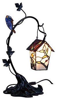 House and Bird Tiffany Style Stained Glass Accent Table Lamp 