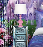 Bedside Table with Crystal Diamond Inlay    Pink Apothecary Table Lamp    Fairy & Dragon Art Throw Pillow   