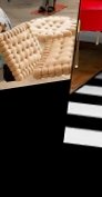 Black and white stripe rug  Biscuit Cushions  Biscuit shaped floor pillows 