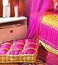 Bold and Bright colro pallette of Fuschia, Orange and Gold with Lace Trims in gold accents make this bedding desirable for everyone young at heart 